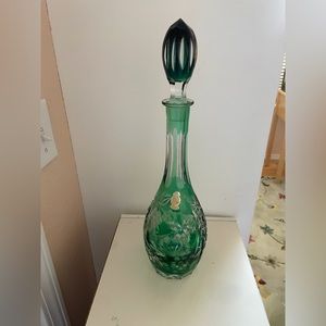 Emerald green hand cut lead crystal decanter